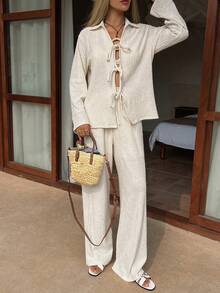 DAZY Women's Loose Casual Vacation Style Long Sleeve Shirt And Straight Leg Pants 2 Pieces Set, Spring/Summer Lounge Sets For Women - Beige - View 3