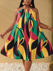 Vestido de Verano para Mujer Talla Grande Maweii, Estampado Multicolor de Líneas Asimétricas, Tirantes Ajustables, Corte en A, Sin Mangas, para Vacaciones - Amarillo - Ver 4