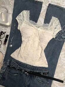 INAWLY Plus Size Women's Elegant Solid Color Square Neck Fitted Lace Blouse, Summer - Apricot - View 4