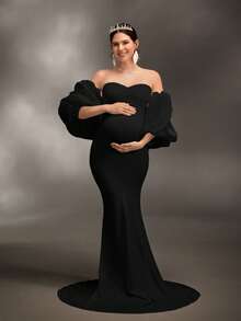 Cheriluna Maternity Đầm chụp ảnh bầu/Đầm dự tiệc thanh lịch/Đầm dự tiệc mừng em bé - Đầm dệt kim ôm sát với tay áo 3D, cổ áo hình trái tim và thiết kế xếp ly. - màu đen - Xem 3