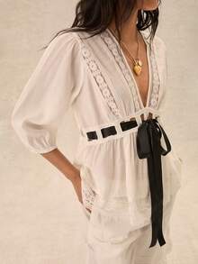 Easelle Áo kiểu lãng mạn cổ chữ V, thắt eo, phối ren Bohemian cổ điển dành cho nữ. - trắng - Xem 3