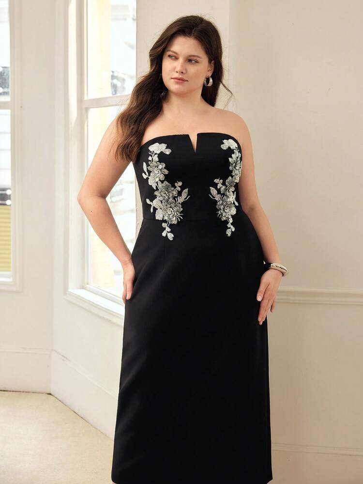 PLUS SIZE APPLIQUES STRAPLESS DRESS