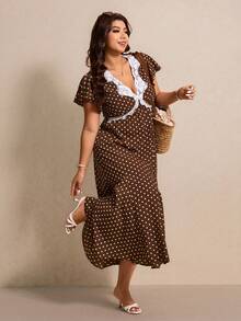 Elaquor Plus Size Women's Contrast Lace Polka Dot Ruffle Sleeve Elegant 70's 80s Midi Dress Summer Holiday New Arrivals Western Outfits Brown Party - Brown - View 3