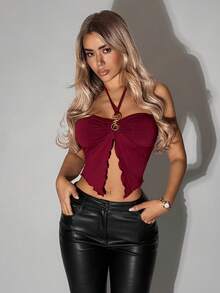 SHEIN ICON 修身金属装饰露背开衩下摆女式背心 - 酒紅色 - 查看 8