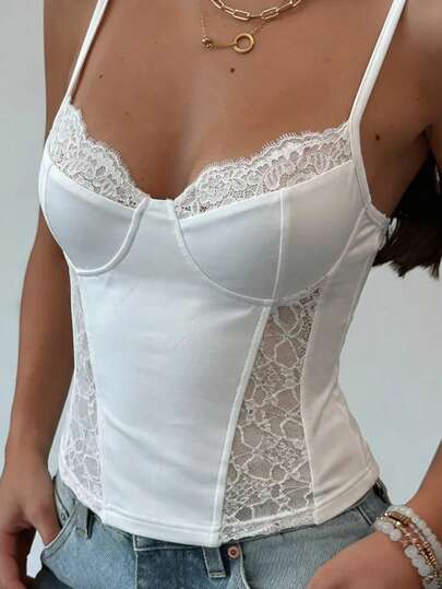 Cévolie Áo hai dây nữ mới, Áo không tay mùa xuân/hè mới, Áo hai dây phối ren kiểu Pháp, Áo hai dây trắng dễ phối đồ, Áo hai dây ôm sát phối ren gợi cảm, Áo hai dây hai dây màu trắng quyến rũ, Áo hai dây thường ngày dễ phối đồ, Áo hai dây đa năng, Thích hợp mặc hàng ngày, đi chơi, mua sắm, đi dạo, đi nghỉ mát, dự tiệc, Dây hai dây màu trắng, Thích hợp cho mọi mùa.