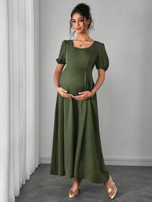 SHEIN Đầm bầu dáng chữ A thanh lịch, lãng mạn, vai lệch, xếp ly eo, thoải mái. - xanh quân đội - Xem 7