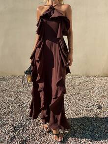 Livesso Elegant Brown Ruffled Floral Halter Midi Dress, Suitable For Summer Vacation & Party - Coffee Brown - View 4