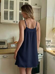 Snug Reverie Romantic Embroidered Lace Ruffled Slip Dress For Women - Navy Blue - View 3