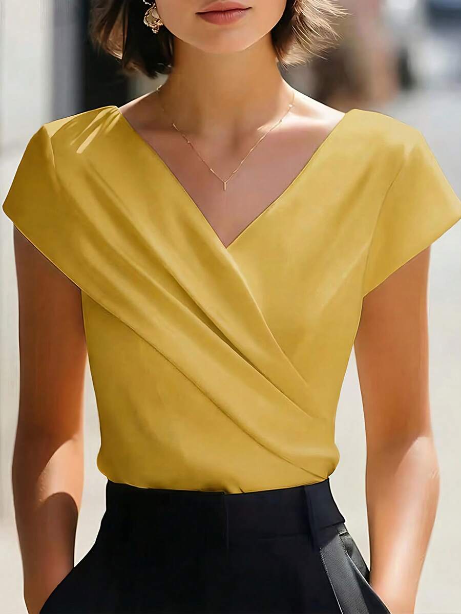 EMERY ROSE Women's Solid Color Elegant V-Neck Criss-Cross T-Shirt