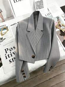 Franclia 女士休闲通勤条纹缺角领单扣短款西装外套 - 灰色 - 查看 3