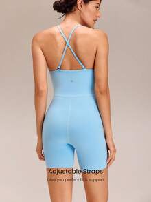 SHEIN GLOWMODE X Marika Sila  6" FeatherFit™ Tummy Control Adjustable Straps Sports Jumpsuit Low Impact Yoga Daily Summer - Blue - View 3