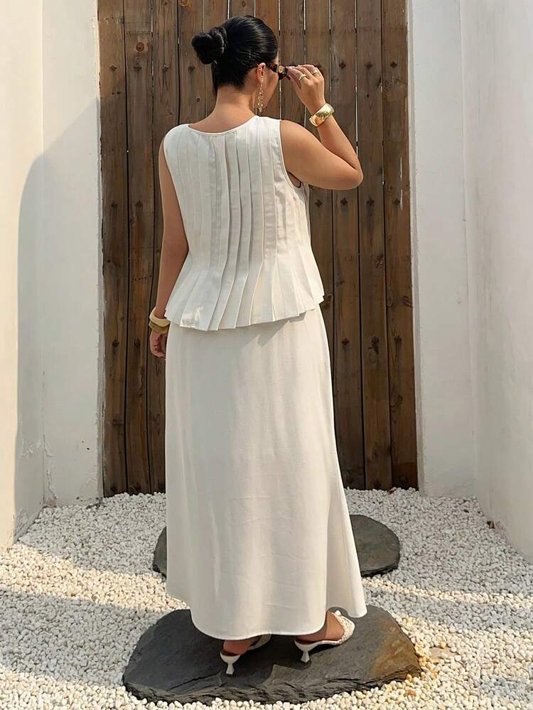 Dazy Plus Sleeveless Pleated Bow Tie Vest And Long Mermaid Hem Skirt Elegant Plus Size Women's Linen 2-Piece Set, Spring/Summer Lounge Sets For Women