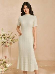 SHEIN Elegant Minimalist Turtleneck Shoulder Sleeve Short Sleeve Fitted Long Dress, Basic Fuzzy Ribbed Fabric, Suitable For Teen Girlin Spring And Summer - Apricot - View 3