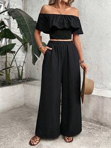 SHEIN Women's Casual Vacation & Commute Solid Color Ruffle Off Shoulder Shirred Crop Top & Wide Leg Pants 2-Piece Set, Spring/Summer - Black - View 5