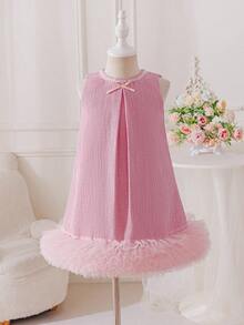 SHEIN Glamorique Kids 一件少女婚礼花童优雅无袖连衣裙，适合婚礼、派对、表演，夏季连衣裙，裙摆饰有花朵图案，优雅高贵，适合宴会和舞台表演。 - 粉色 - 查看 5