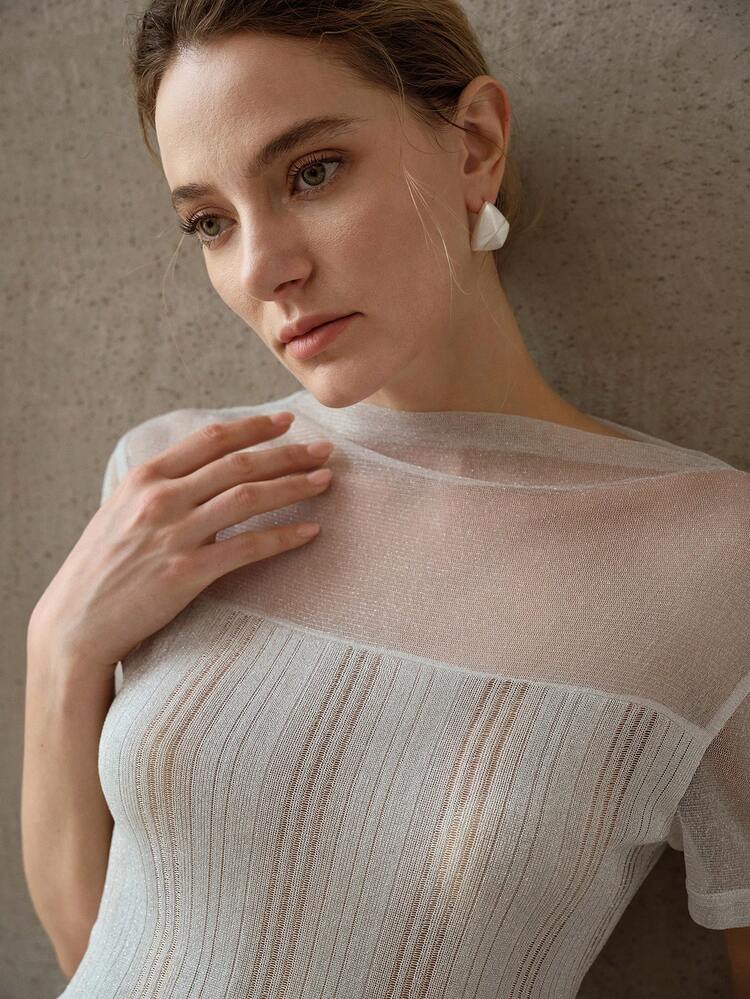 GLITTER THREAD KNIT SHORT SLEEVE FITTED TOP FOR WOMEN