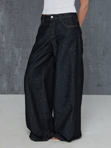 COUREZ Quần jeans skater cạp thấp có dây điều chỉnh phía sau, màu wash/y2k, trang phục mùa hè cho nữ, quần jeans đen, quần jeans rộng, trang phục lễ hội, trang phục đi xem hòa nhạc, trang phục mùa xuân cho nữ. - màu đen - Xem 4
