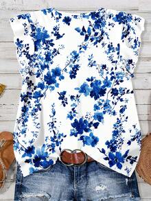 SHEIN LUNE Women's Floral Print Ruffle Hem Short Sleeve Casual Blouse, Suitable For Summer - Multicolor - View 2