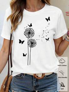 EMERY ROSE 女士休闲圆领短袖纯棉T恤，饰有蒲公英和蝴蝶图案 - 白色 - 查看 1