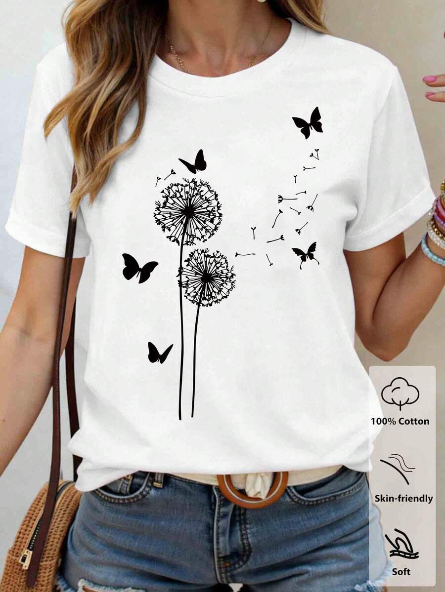 EMERY ROSE 女士休闲圆领短袖纯棉T恤，饰有蒲公英和蝴蝶图案 - 白色 - 查看 1