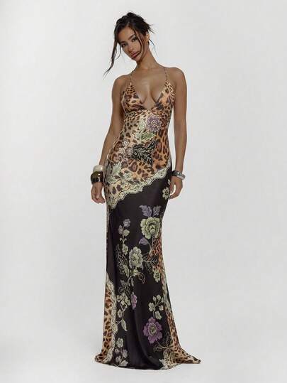 MUSERA Lace Up Front Cup Detail Fitted Animal Print Maxi Dress Sexy Going Out Autumn Fall Night Out Cute Streetwear Party Elegant Spring Summer Vacation