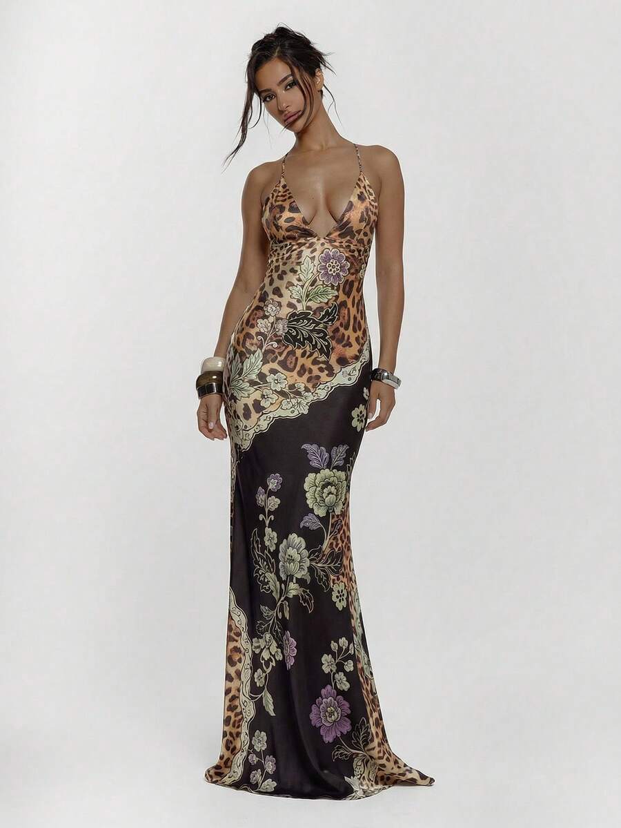 MUSERA Đầm maxi ôm sát họa tiết da báo, dây buộc phía trước, chi tiết cúp ngực, gợi cảm cho mùa thu, đi chơi đêm, phong cách đường phố dễ thương, dự tiệc, thanh lịch, mùa xuân hè, kỳ nghỉ. - màu nâu - Xem 1