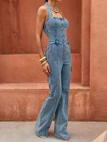 Selianne Bộ jumpsuit denim hở lưng cổ yếm dành cho nữ - Rửa trung bình - Xem 3