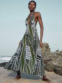 Aveloria Breezaya Vestido de cuello halter con estampado geométrico de contraste de color verde oliva y negro/blanco, elegante y sexy vestido de fiesta de vacaciones para primavera/verano - Multicolor - Ver 3