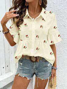 SHEIN Holidaya 女士新款夏季清新白领衬衫，樱花印花，褶裥喇叭袖，宽松版型，休闲百搭，适合通勤、度假和休闲穿着。 - 淡黃色 - 查看 4