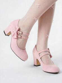 ROMWE Kawaii Giày cao gót Mary Jane quai chữ T thời trang thường ngày cho đám cưới mùa thu/đông, giày dự tiệc gót dày, giày đi làm/công sở màu hồng giả da lộn, giày đi chơi ngoài trời cho nữ (Giày rộng hơn nửa cỡ, người mua có bàn chân hẹp nên mua nhỏ hơn 1 cỡ hoặc kiểm tra chiều dài bàn chân, chu vi lòng bàn tay trước khi mua) - Hồng - Xem 3