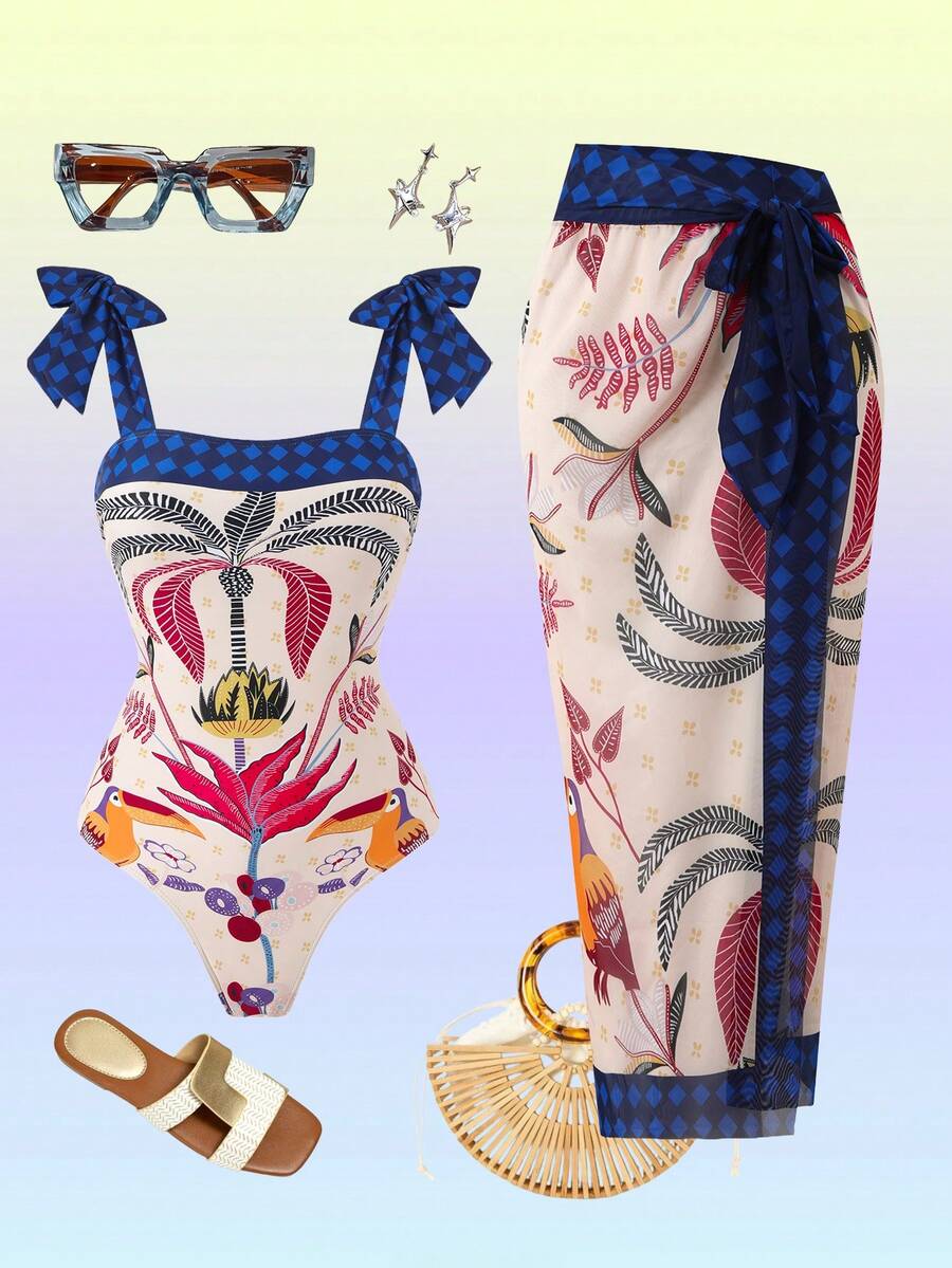 Swim Oasis Conjunto de traje de baño de una pieza con estampado de árbol de coco y falda para mujer talla grande, adecuado para vacaciones en la playa, fiestas en la piscina y fiestas en la playa - Multicolor - Ver 1