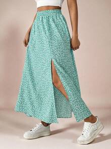 SHEIN VCAY Women's Allover Print Slit Design Casual Versatile Date Night & Outing Skirt - Green - View 4