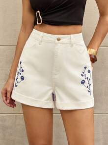 Selenza Women's Elegant Sexy Floral Embroidered Denim Shorts, Summer Swimming White - White - View 2
