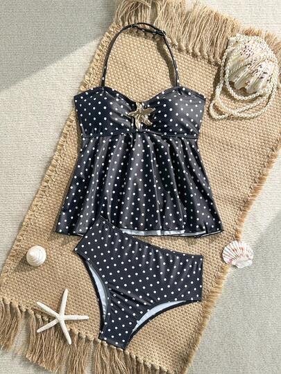 SHEIN 少女黑白波点印花金属扣装饰吊带背心式泳衣套装