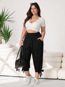 Solflare Plus Size Women's Pockets Flared Leg Pants With Bow Tie Waist Band, Versatile Capri Pants - Black - View 5