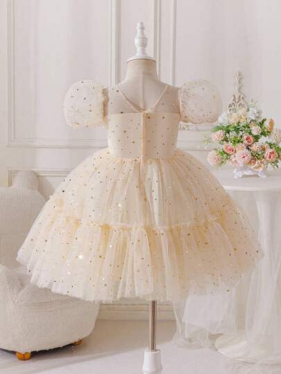 Glamorique Kids Young Girl' Champagne Color Tulle Dress, Suitable For 1st Birthday Party, C-Position Outfit With Champagne Gold Sequins