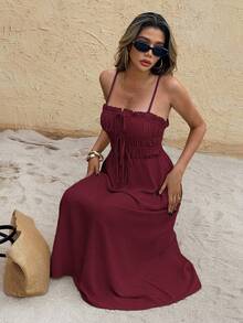 SHEIN Frenchy Women's Solid Color Oblique Pocket Casual Vacation Spaghetti Strap Mid-Length Dress - Dark Red - View 6