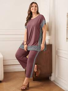 Miaspire Plus Size Striped Patchwork T-Shirt + Pants, Grey 2 Pieces Set - Rusty Rose - View 1