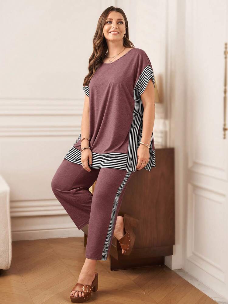 Plus Size Striped Patchwork T-Shirt + Pants, Grey 2 Pieces Set