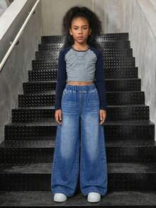 SHEIN Tween Girls' Casual Washed Wide Leg Jeans - Medium Wash - View 4