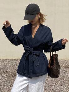 Cotton Blue Tie-Front Crossover Collar Denim Blouse, Suitable For Commuting & Office, Summer - Blue - View 6