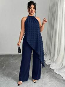Elenzga Plus Size Halter Neck Sleeveless Elegant Summer Cinched Waist Asymmetrical Jumpsuit - Navy Blue - View 1