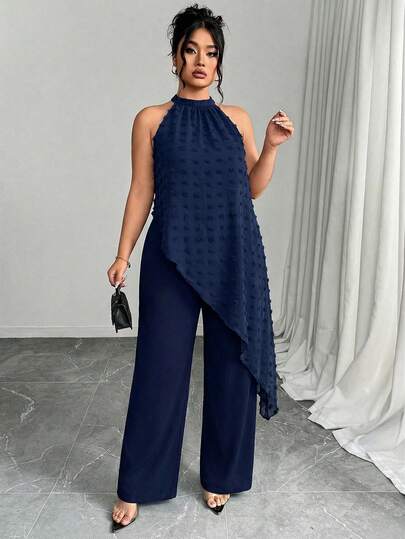 Elenzga Bộ jumpsuit mùa hè thanh lịch, dáng rộng, cổ yếm, không tay, thắt eo, bất đối xứng, dành cho người có vóc dáng đầy đặn.