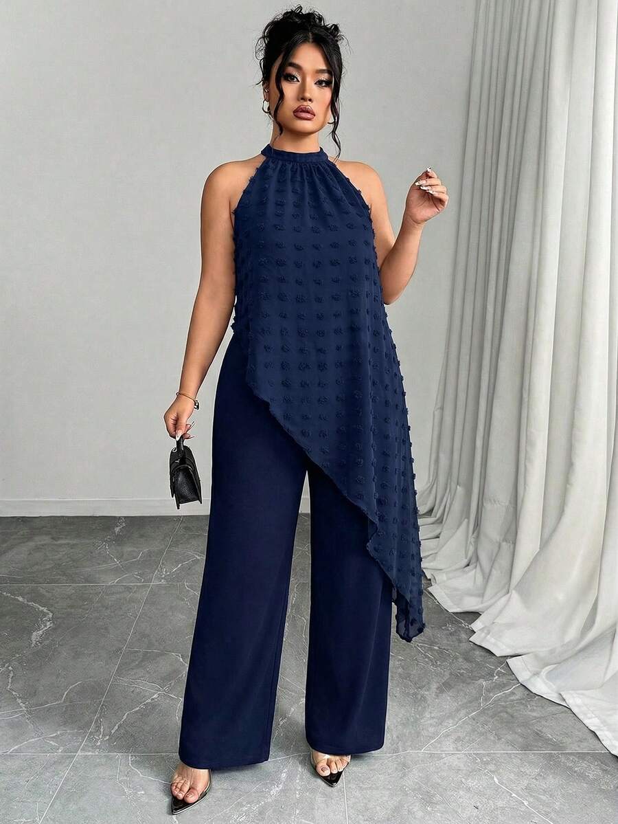Elenzga Plus Size Halter Neck Sleeveless Elegant Summer Cinched Waist Asymmetrical Jumpsuit - Navy Blue - View 1