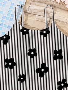 Tween-Mädchen Badeanzug im minimalistischen Schwarz-Weiß gestreiften Blumenmuster, geeignet für Sommer, Strandurlaub Fotoshooting, Sommerurlaub, ästhetischer Badeanzug, Poolparty, Sommercamp, Cottagecore, Strandmode - Verschiedenfarbig - Übersicht 3