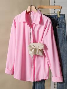 SHEIN 青少年女孩粉色休閒街頭風Y2K翻領襯衫，寬鬆鈕扣門襟柔軟上衣，適合返校、派對、畢業、日常穿搭、學校、運動 - 粉色 - 查看 7