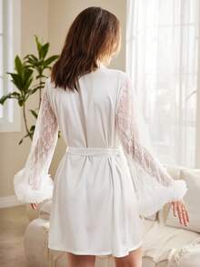 Moireta Elegant White Autumn Sleep Bridal Robe For Women,Vintage 3D Mesh Floral Lace Patchwork Short Gown,Bride Dressing Robes For Photoshoot Lingerie - White - View 2