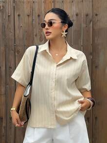 Dazy Plus Striped Loose Fit Short Sleeve Black Casual Shirt - Mustard Yellow - View 6