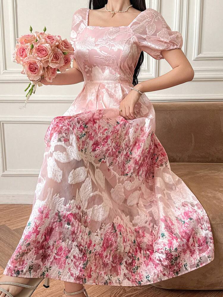 Women's Elegant Floral Print Square Neck Mid-Length Dress, Summer,Wedding Guest Dress Women Sundress
