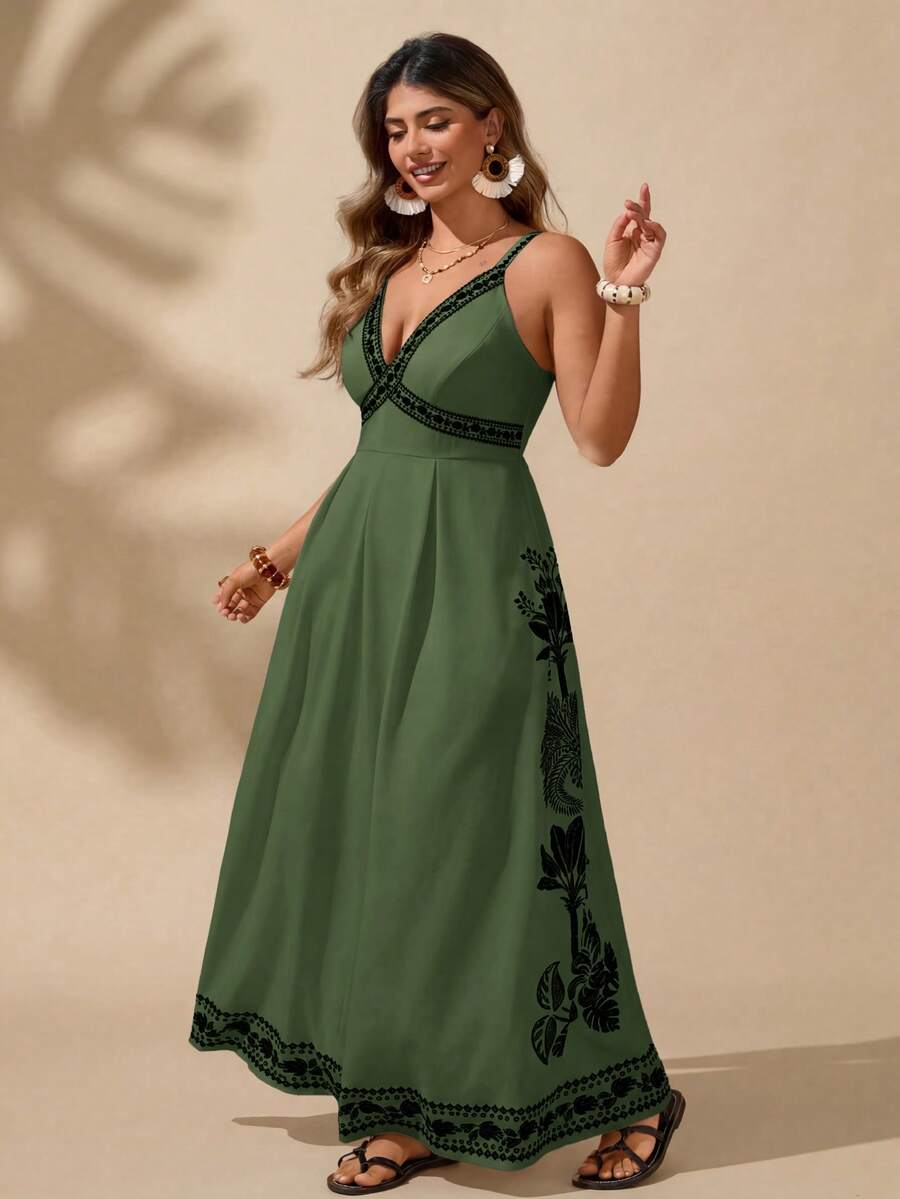 SHEIN LUNE 大码深V领热带植物印花夏季无袖沙滩度假连衣裙 - 軍綠色 - 查看 1